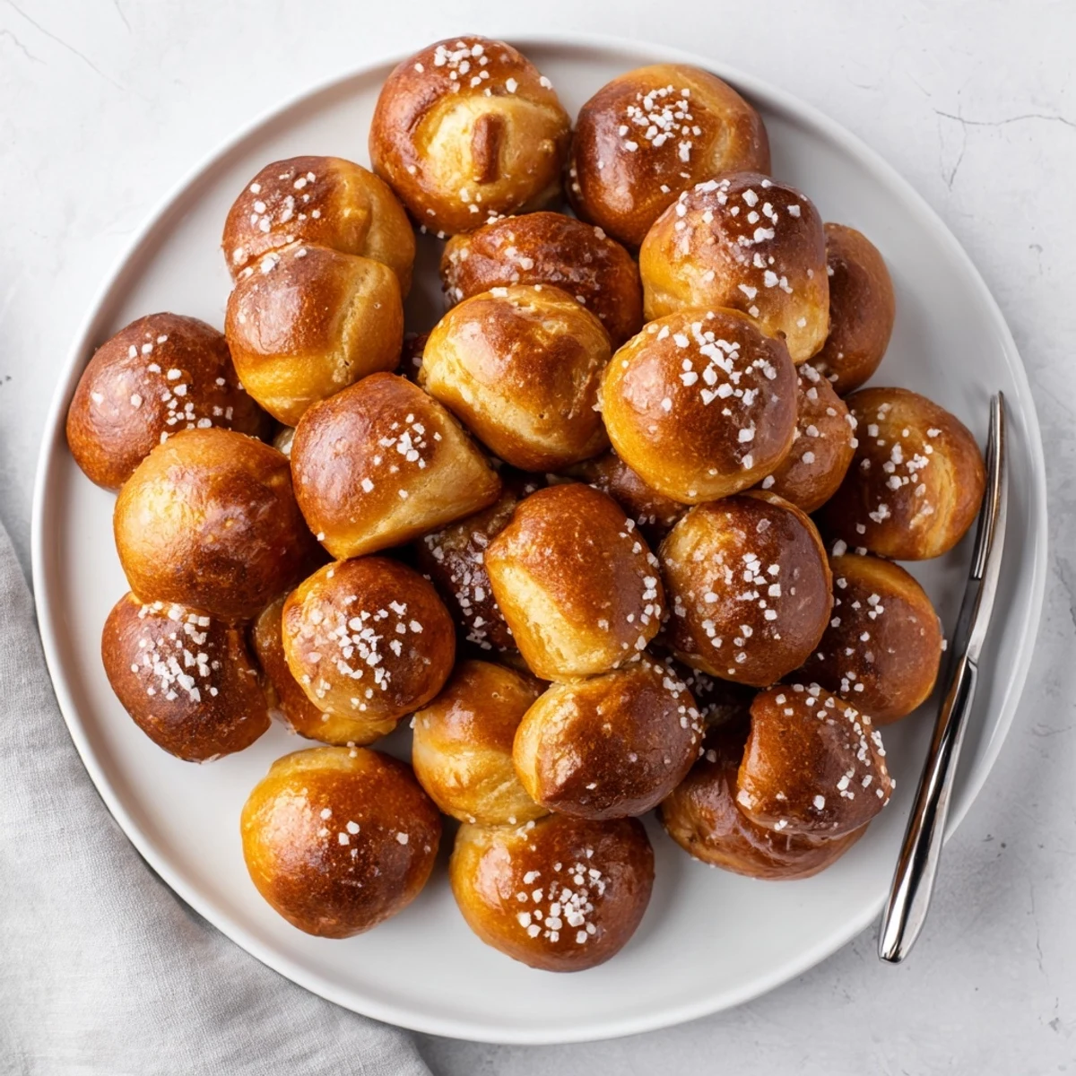 Golden brown homemade soft pretzel bites sprinkled with coarse sea salt on a wooden board