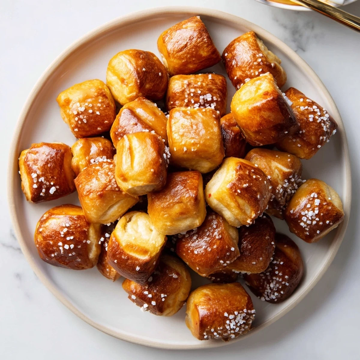 Warm chewy homemade soft pretzel bites arranged on a baking sheet ready for dipping