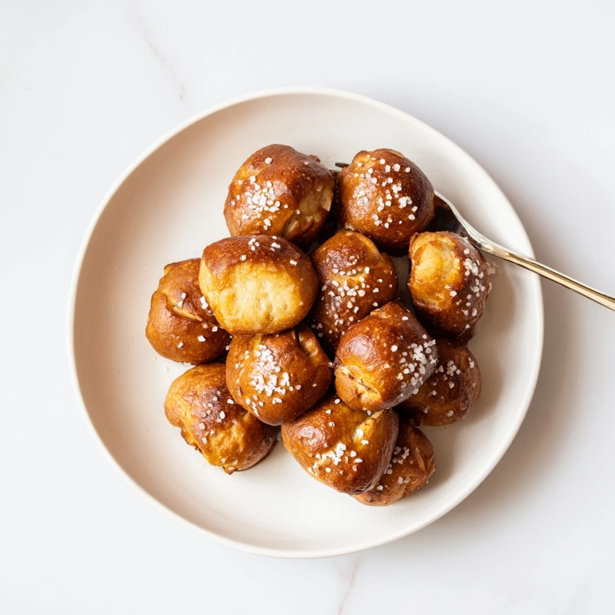 Soft golden homemade soft pretzel bites brushed with egg wash and coarse salt topping