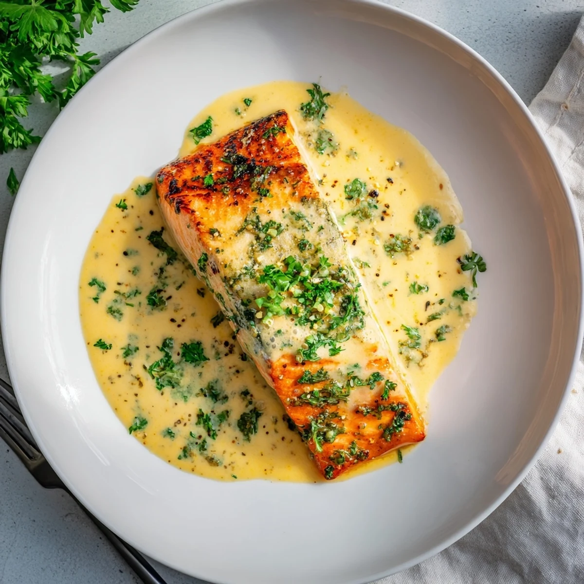 Golden brown salmon topped with creamy zesty lemon sauce garnished with herbs