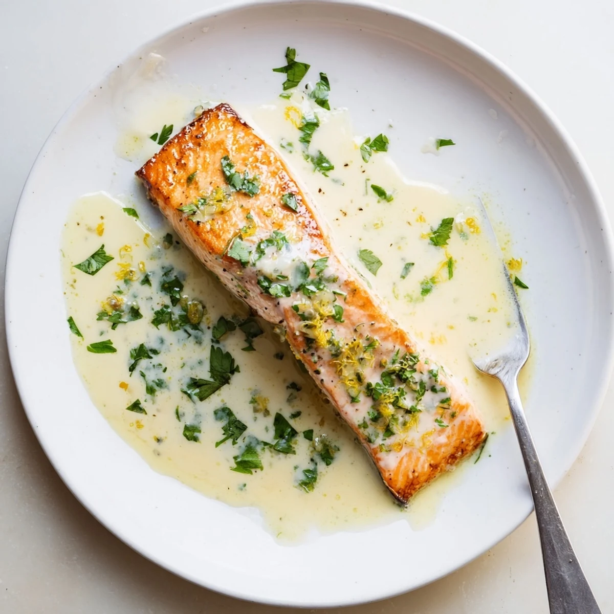 Succulent salmon fillet smothered in velvety lemon cream sauce with chopped parsley