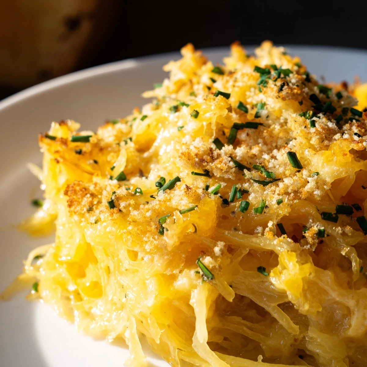 Golden bowl of spaghetti squash mac and cheese topped with crispy breadcrumb garnish