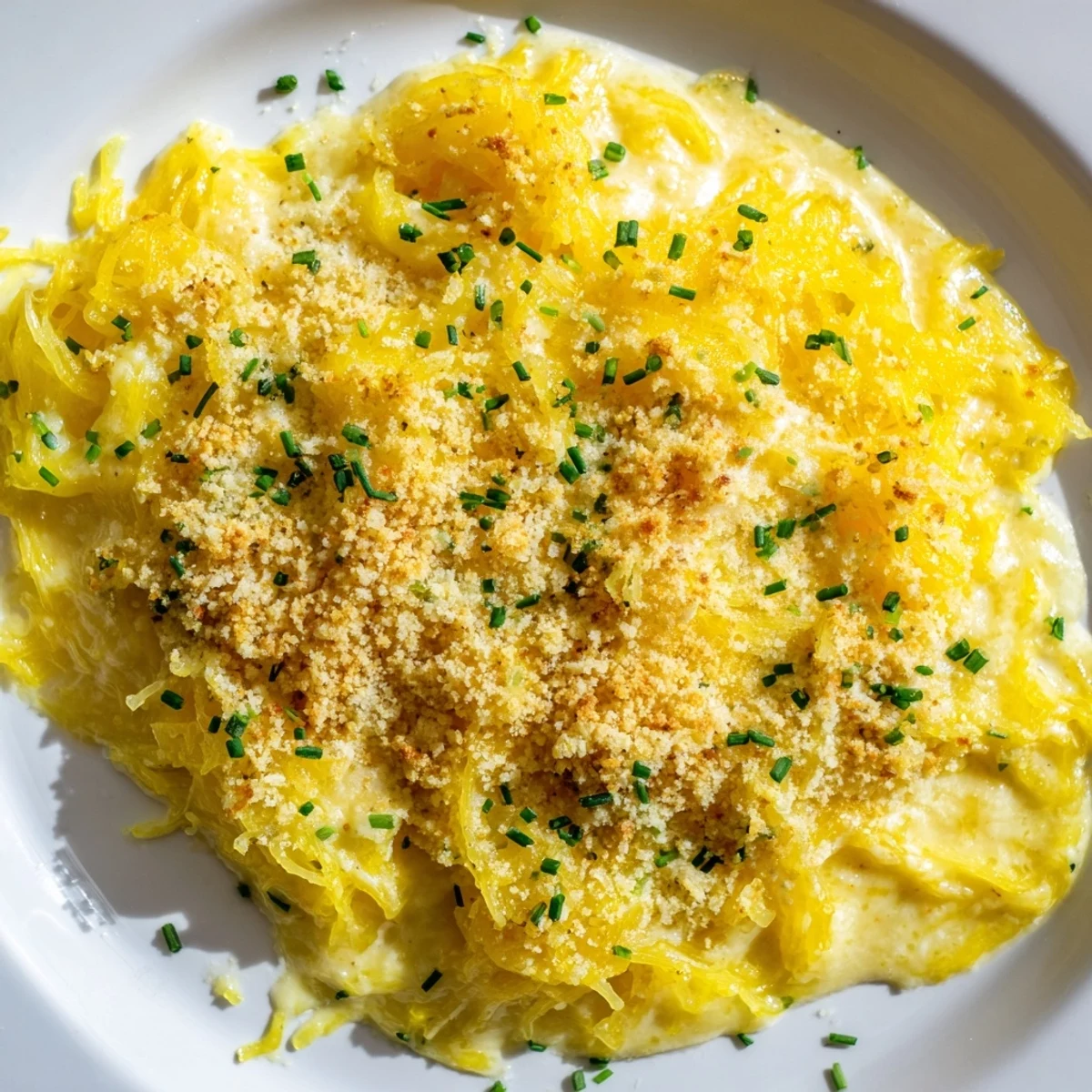 Creamy roasted spaghetti squash mac and cheese with melted cheddar sauce in white dish