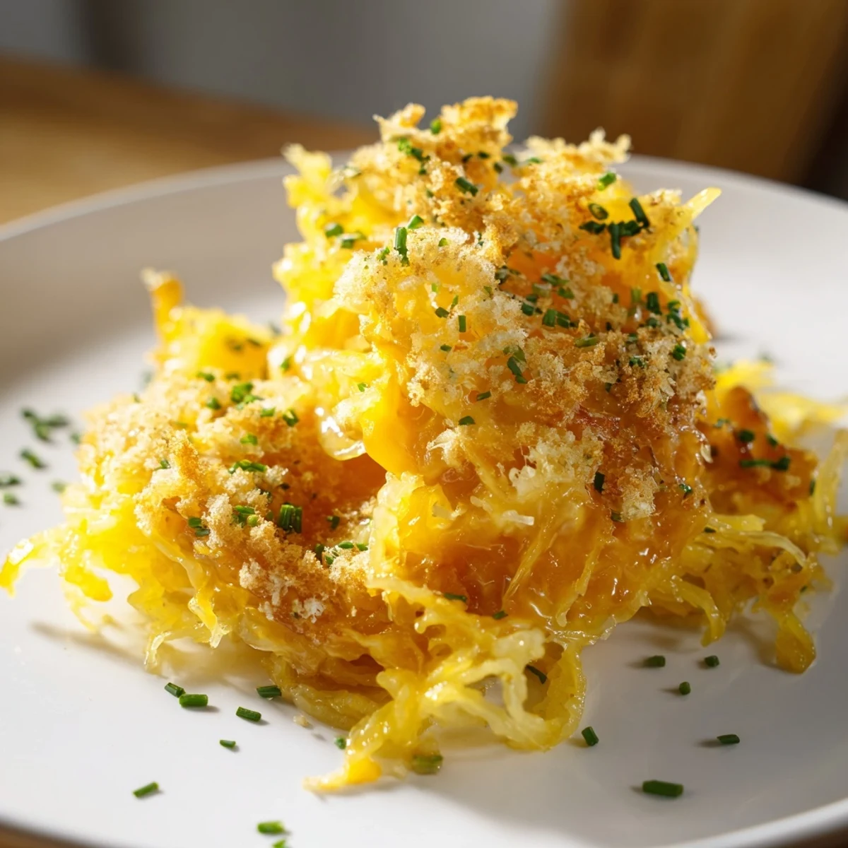 Low carb spaghetti squash mac and cheese sprinkled with fresh parsley and grated Parmesan