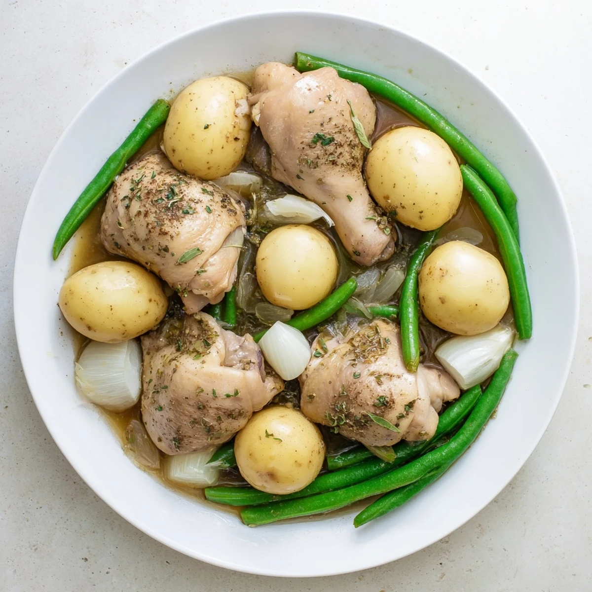 Golden slow cooker chicken and potatoes with green beans in savory herb sauce
