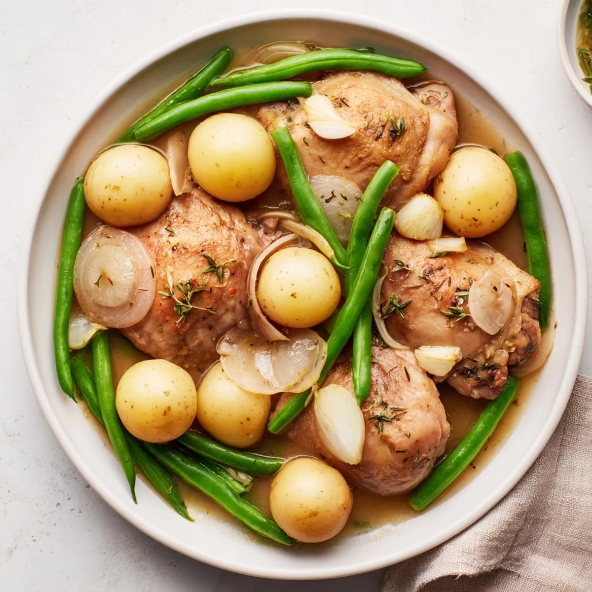 Tender chicken thighs nestled with baby potatoes and crisp green beans in slow cooker