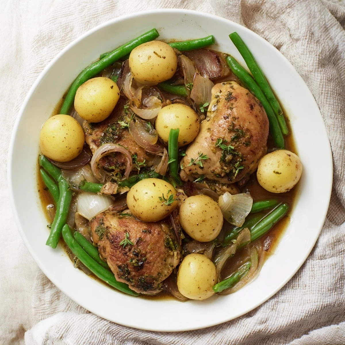 Comforting one-pot meal featuring juicy chicken, creamy potatoes, and fresh green beans