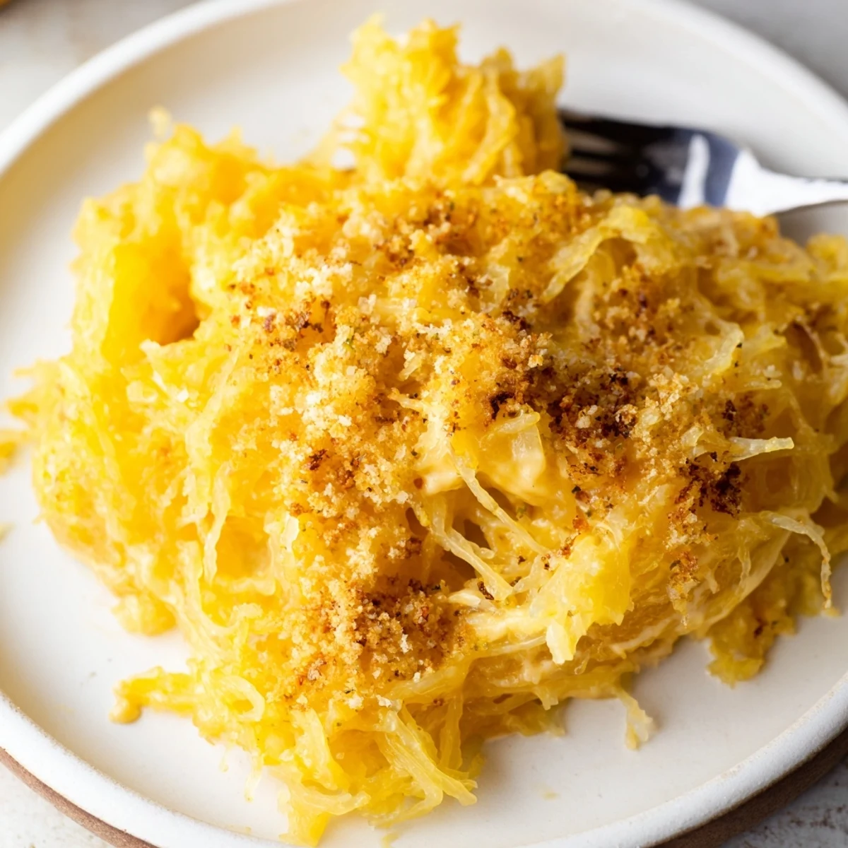 Spaghetti Squash Mac Cheese in a creamy cheddar sauce, golden breadcrumb topping.  
