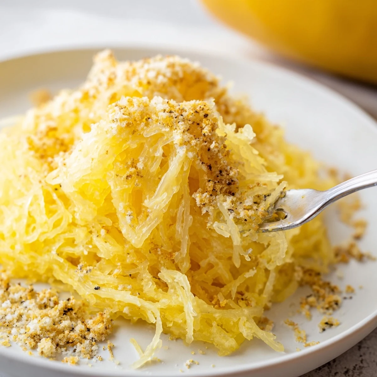 Family-style Spaghetti Squash Mac Cheese, bubbly golden top, herb garnish and steaming.