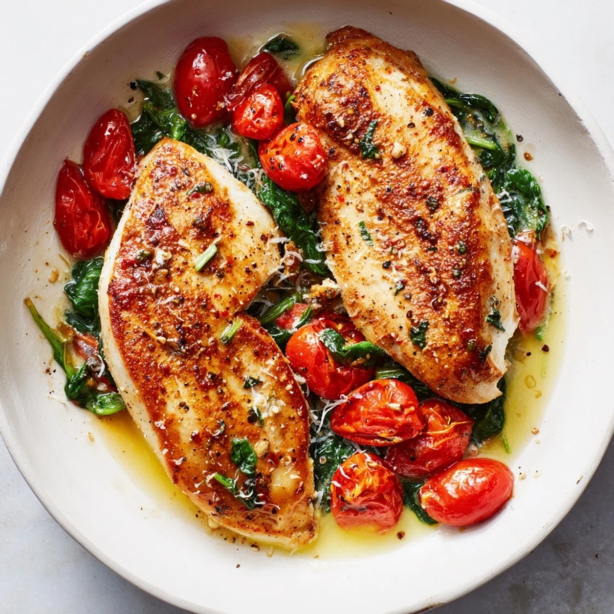 Tomato Spinach White Wine Chicken simmering in skillet with juicy tomatoes, wilted spinach