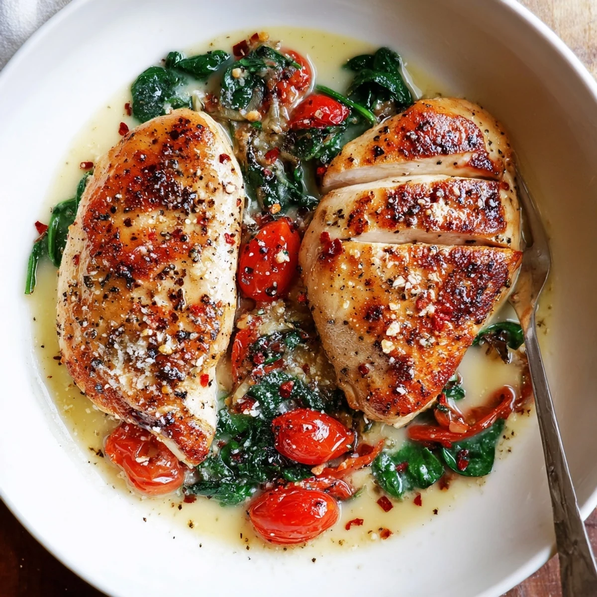 Herby Tomato Spinach White Wine Chicken releasing garlicky aroma, tender seared chicken breast