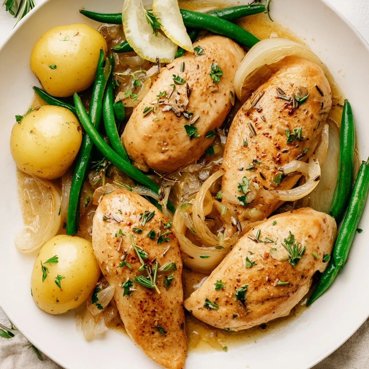 Herb-scented Slow Cooker Chicken And Potatoes With Green Beans, steam rising.