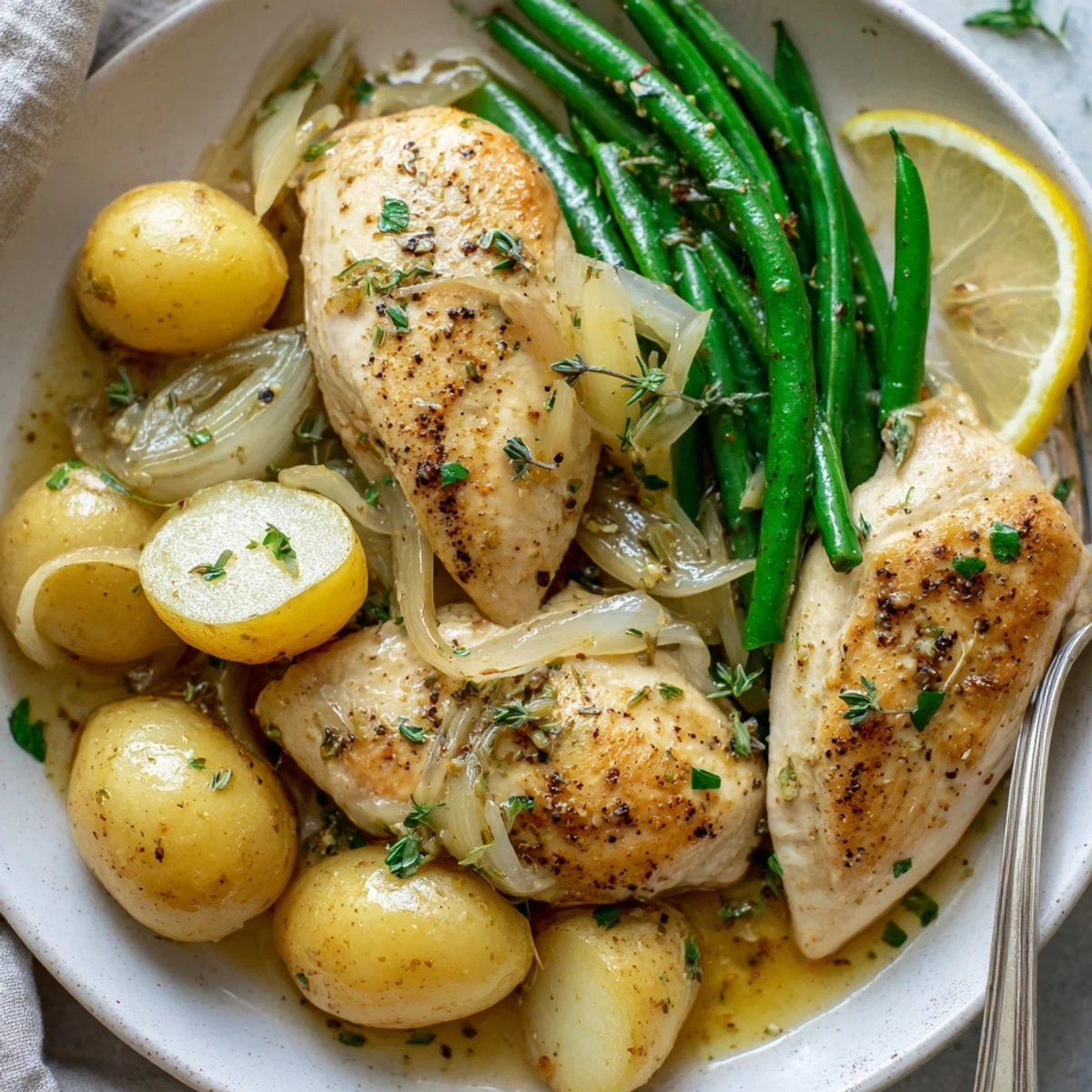Slow Cooker Chicken And Potatoes With Green Beans, tender potatoes drenched in savory broth.
