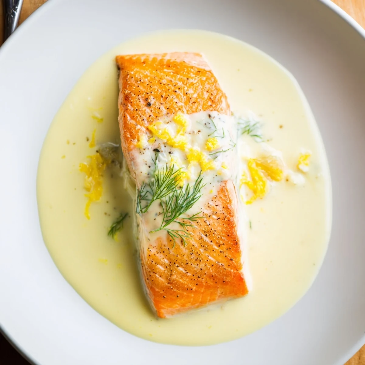 Pan-seared Salmon With Lemon Cream Sauce, glossy sauce spooned over flaky fillets
