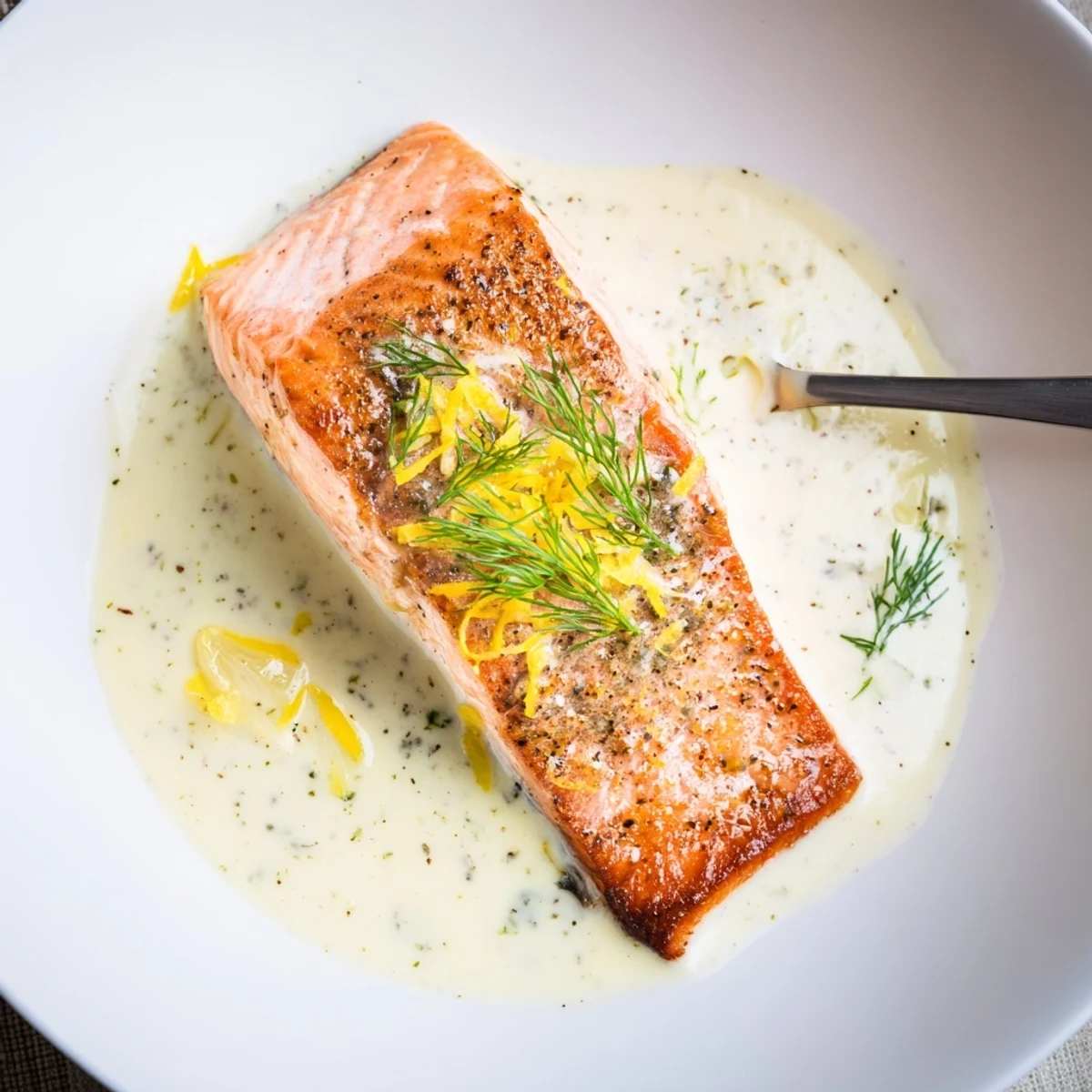 Plated Salmon With Lemon Cream Sauce beside roasted potatoes and bright lemon wedges