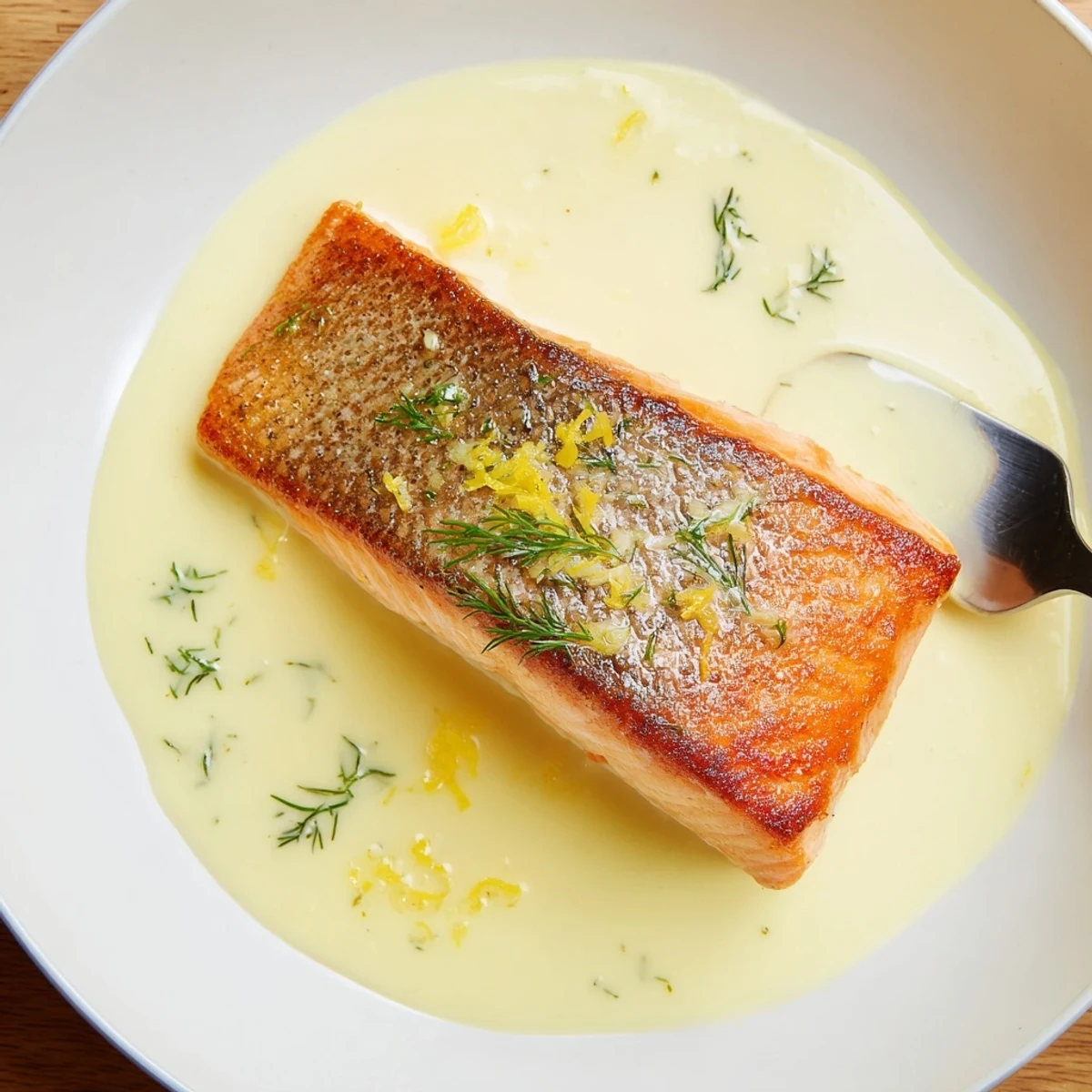 Warm Salmon With Lemon Cream Sauce, garlic and wine aroma and fresh dill garnish