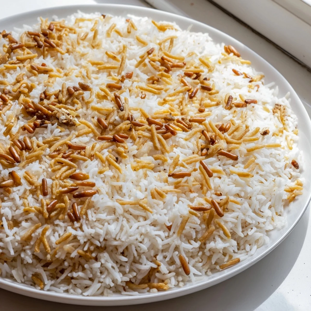 Fluffy Lebanese rice pilaf garnished with buttery pine nuts in bowl