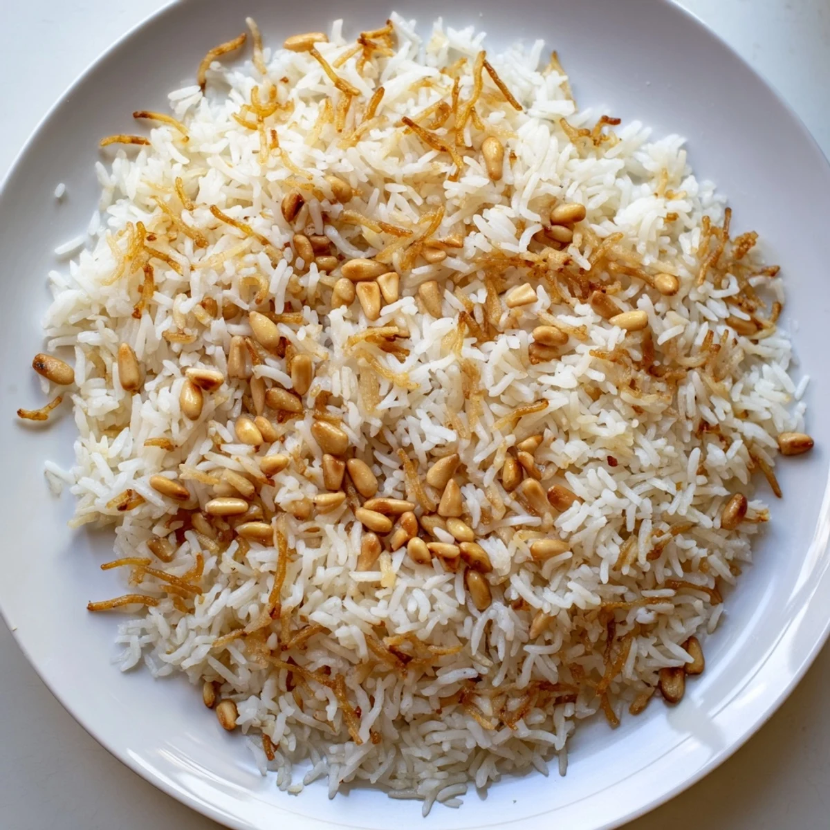 Steaming plate of Lebanese rice alongside grilled kebabs and roasted vegetables
