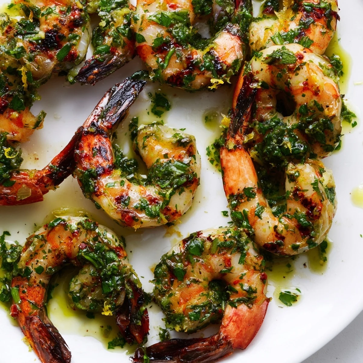 Golden chimichurri shrimp sizzling in a skillet with bright green herb sauce