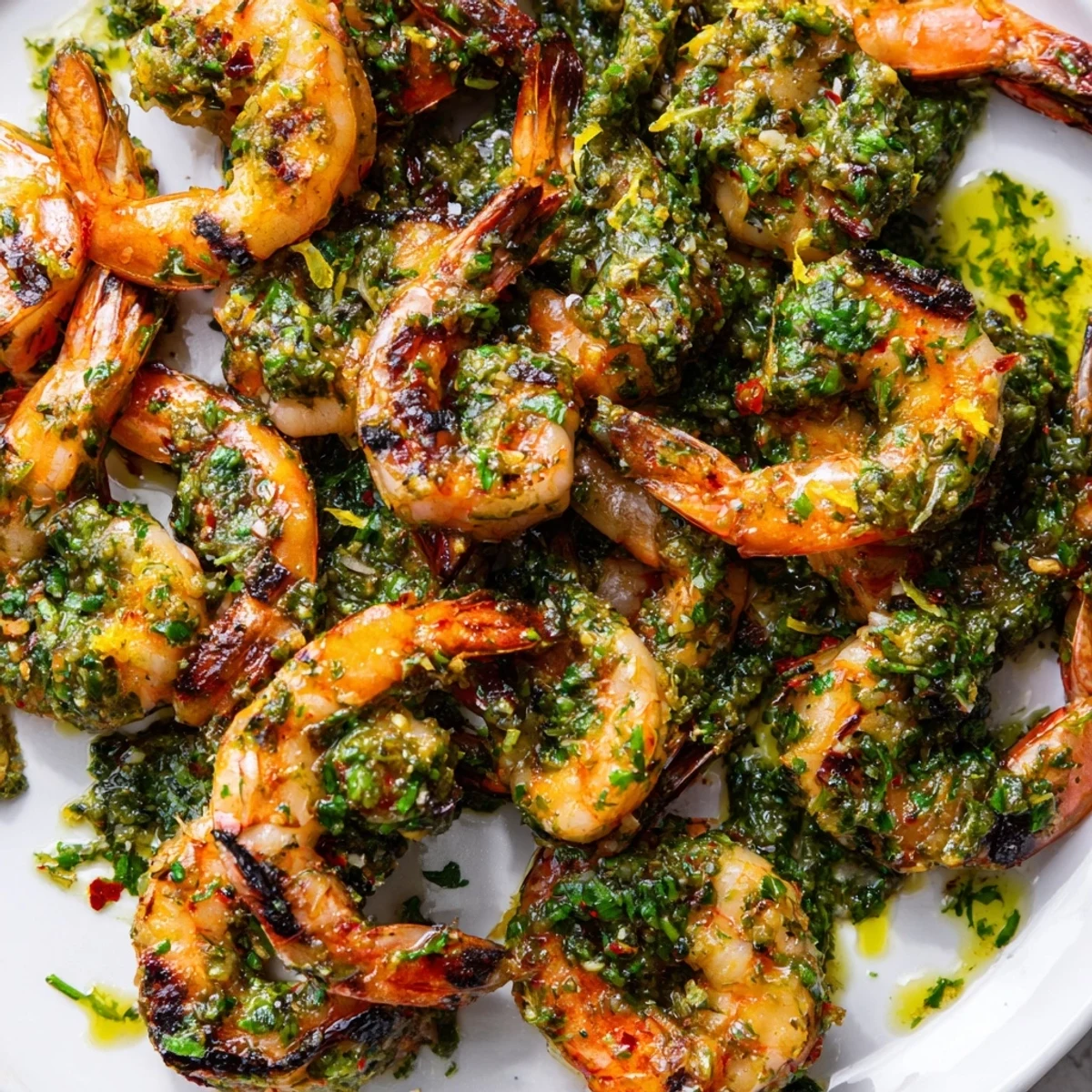 Close-up of chimichurri shrimp garnished with fresh lemon wedges and chopped parsley