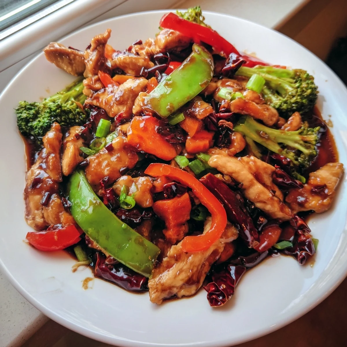 Sizzling Hunan Chicken with colorful bell peppers and broccoli in a spicy garlic sauce