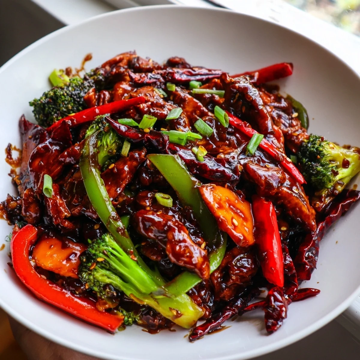 Tender Hunan Chicken coated in a rich, fiery sauce with vibrant snap peas and scallions