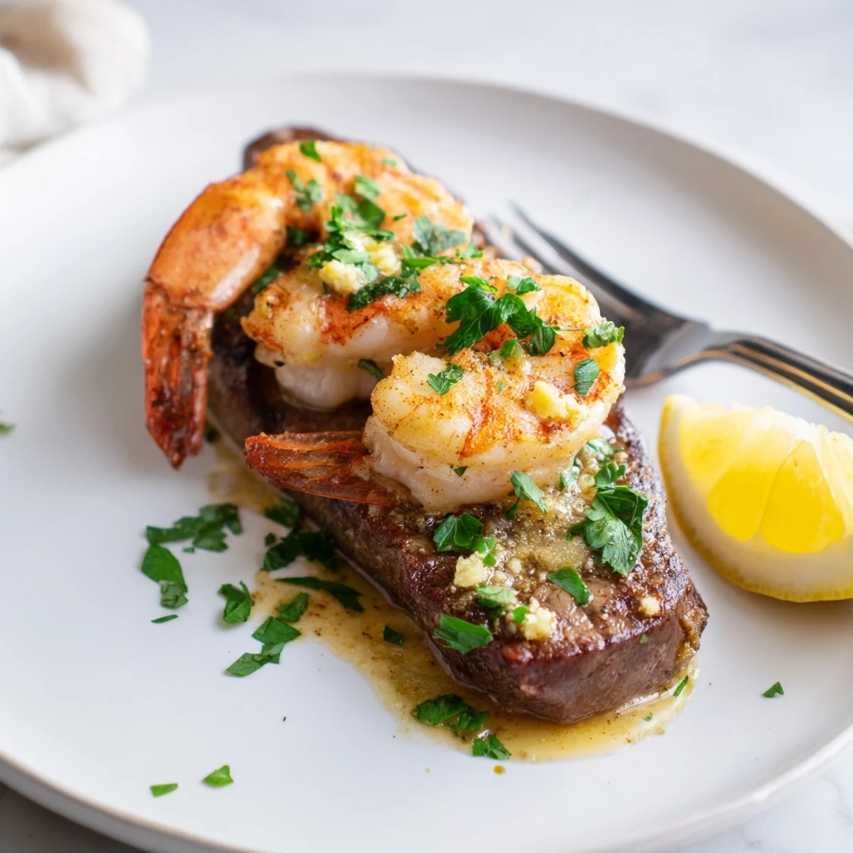 Juicy seared steak and garlic butter shrimp sizzling in a cast iron skillet