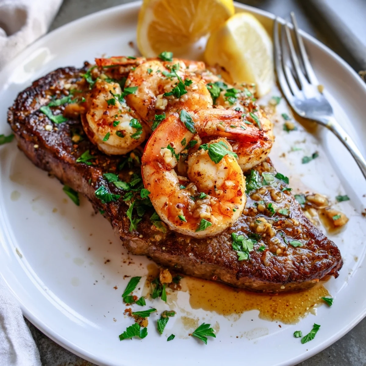 Perfectly cooked steak and garlic butter shrimp plated with fresh lemon wedges