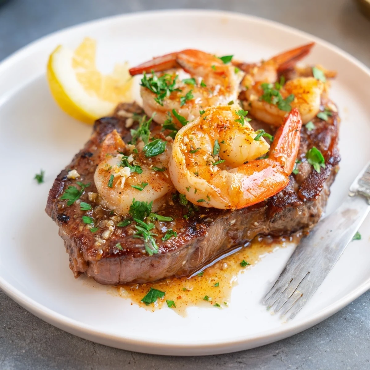 Tender steak and garlic butter shrimp drizzled with rich pan sauce and parsley
