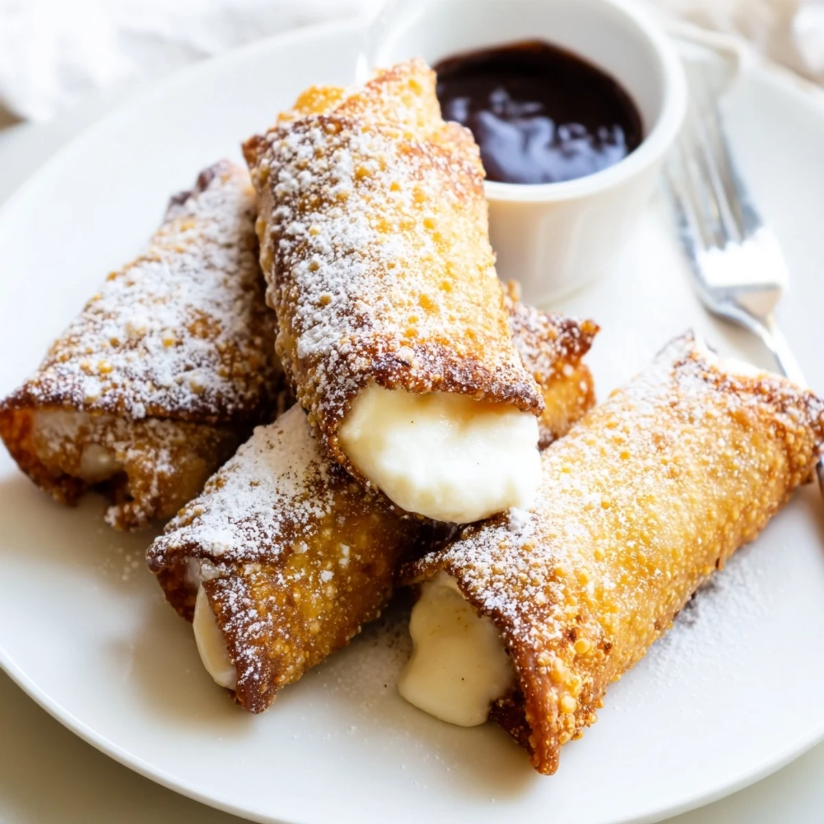 Crispy golden cheesecake egg rolls dessert dusted with powdered sugar on a rustic plate