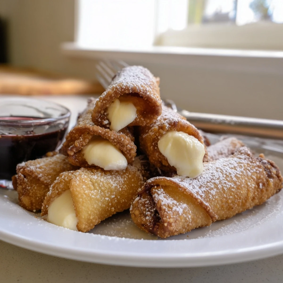 Cheesecake egg rolls dessert served warm with rich chocolate dipping sauce close-up
