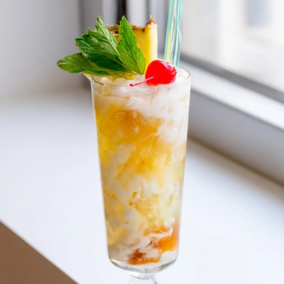 Creamy Tropical Thunder Dirty Soda swirled with coconut cream and garnished with fresh pineapple