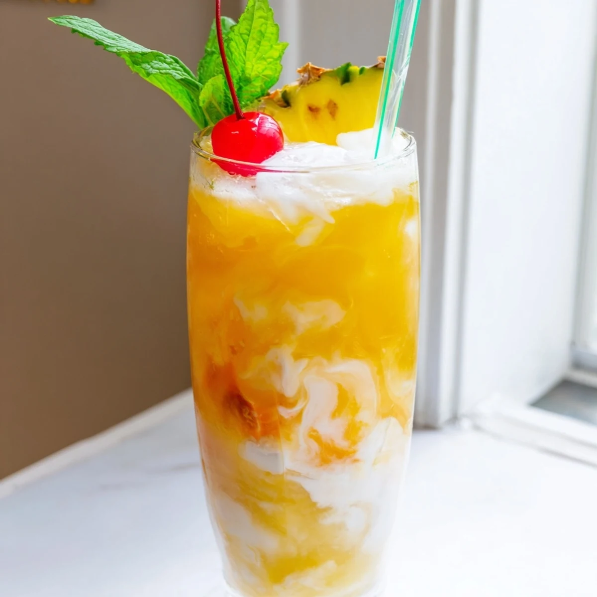Tropical Thunder Dirty Soda in a tall glass over crushed ice with cherry garnish