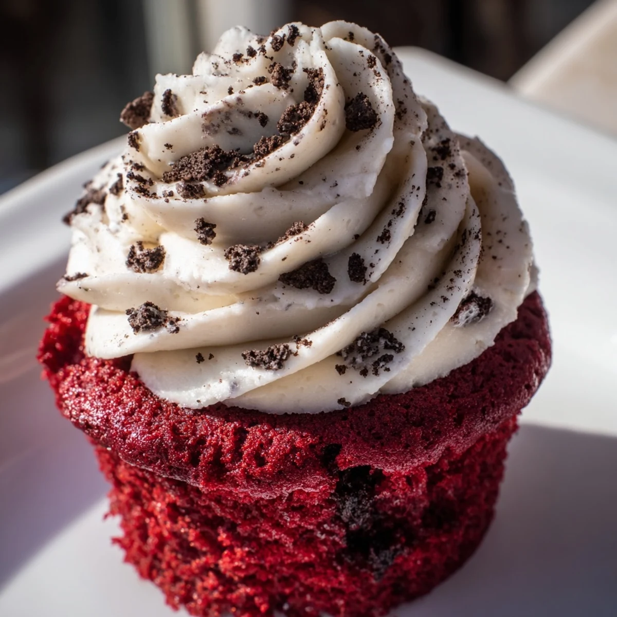 Red Velvet Oreo Cupcakes topped with creamy cheesecake frosting and cookie crumbs