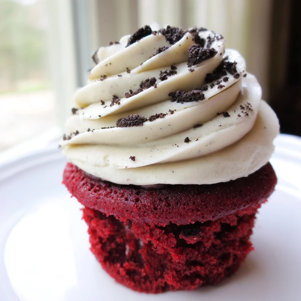 Soft Red Velvet Oreo Cupcakes with rich cream cheese frosting on a rustic plate