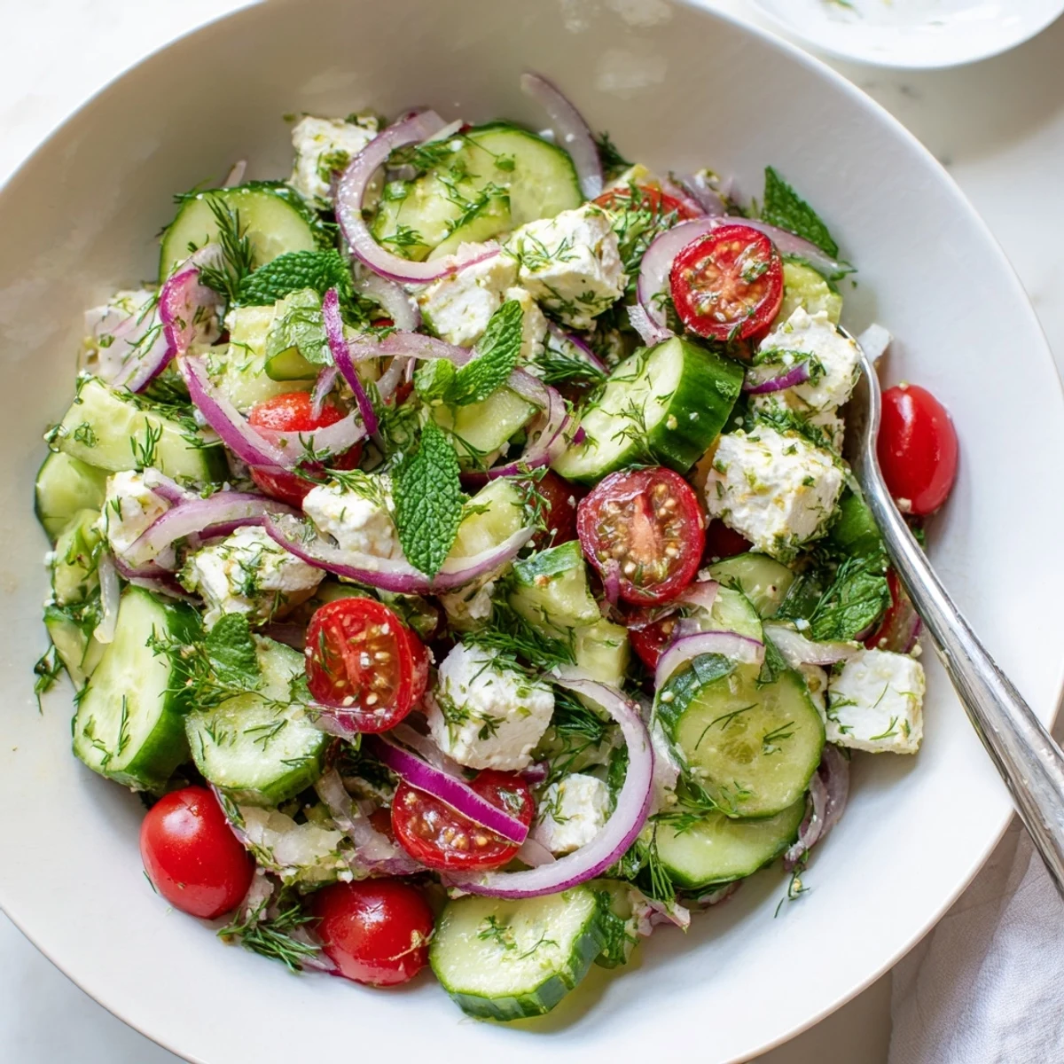 Crumbled feta and crisp cucumber tossed with fresh herbs in a bright lemon dressing