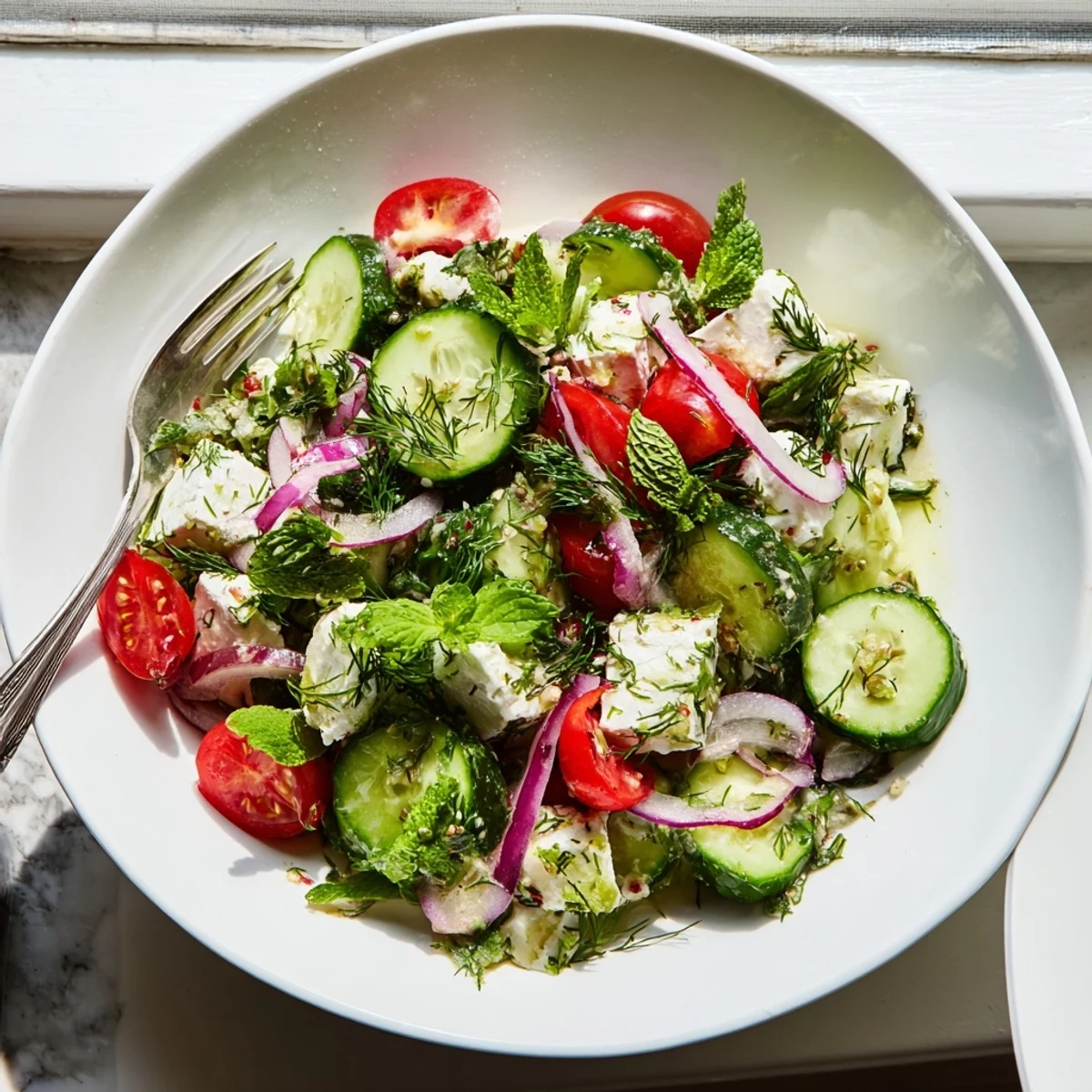 Chilled feta cucumber herb salad served in a rustic bowl with a drizzle of olive oil