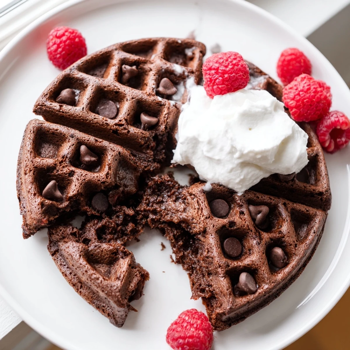 Golden fudgy brownie waffles topped with whipped cream and fresh juicy strawberries