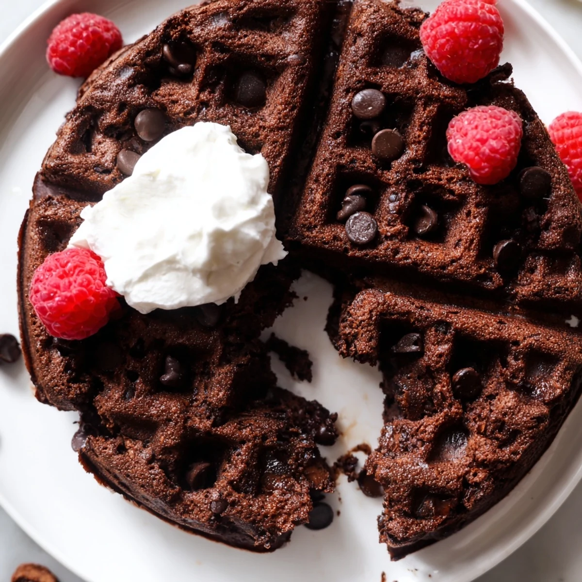 Crisp fudgy brownie waffles fresh off the iron, drizzled with rich chocolate sauce