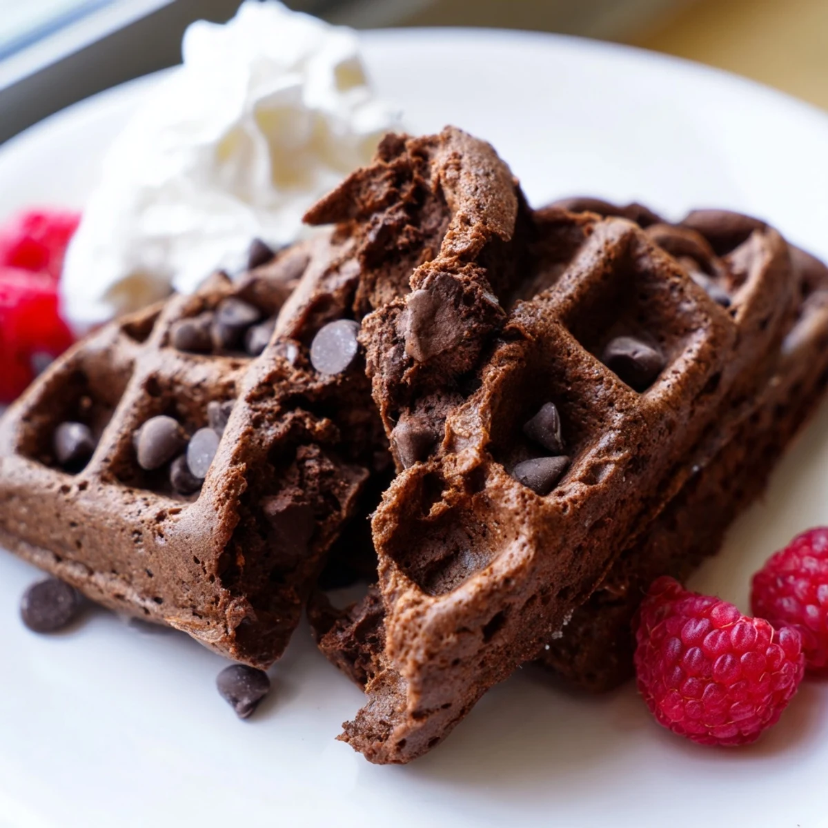 Warm fudgy brownie waffles with gooey chocolate chips served on a rustic plate