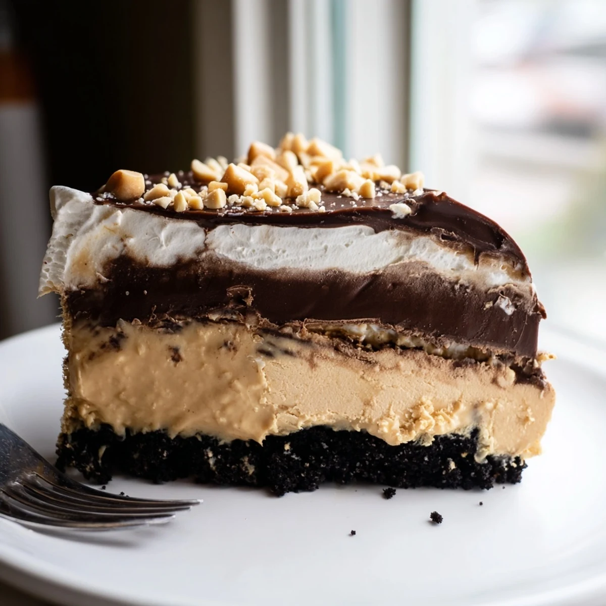 Creamy peanut butter layered delight with rich chocolate ganache and whipped topping
