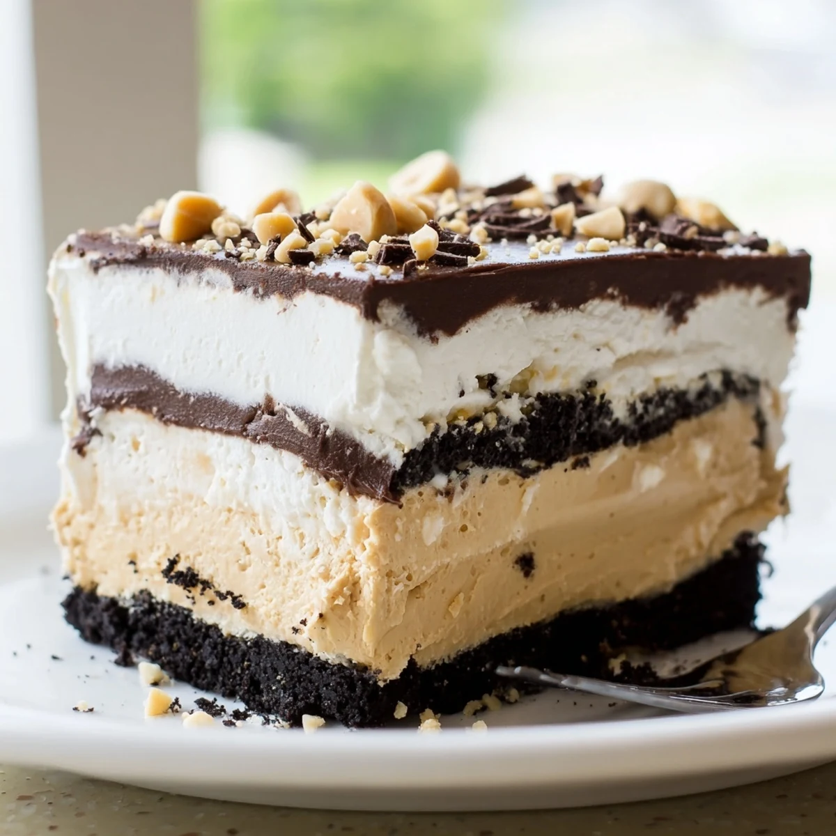 No-bake peanut butter layered delight featuring a crunchy cookie crust and velvety layers