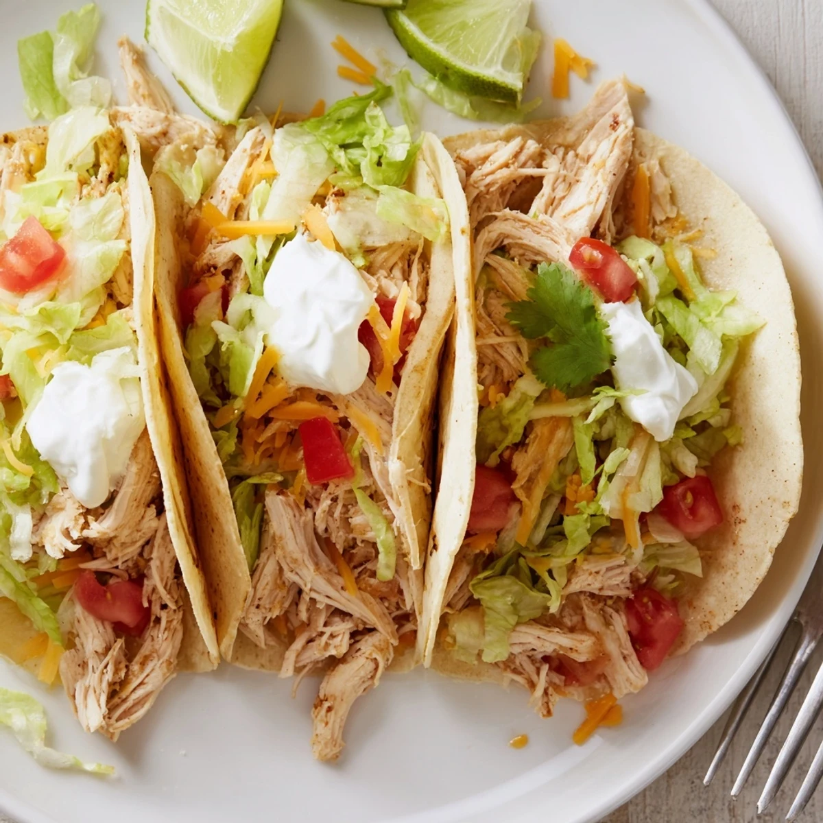 Warm corn tortillas filled with tender slow cooker ranch chicken tacos and zesty lime