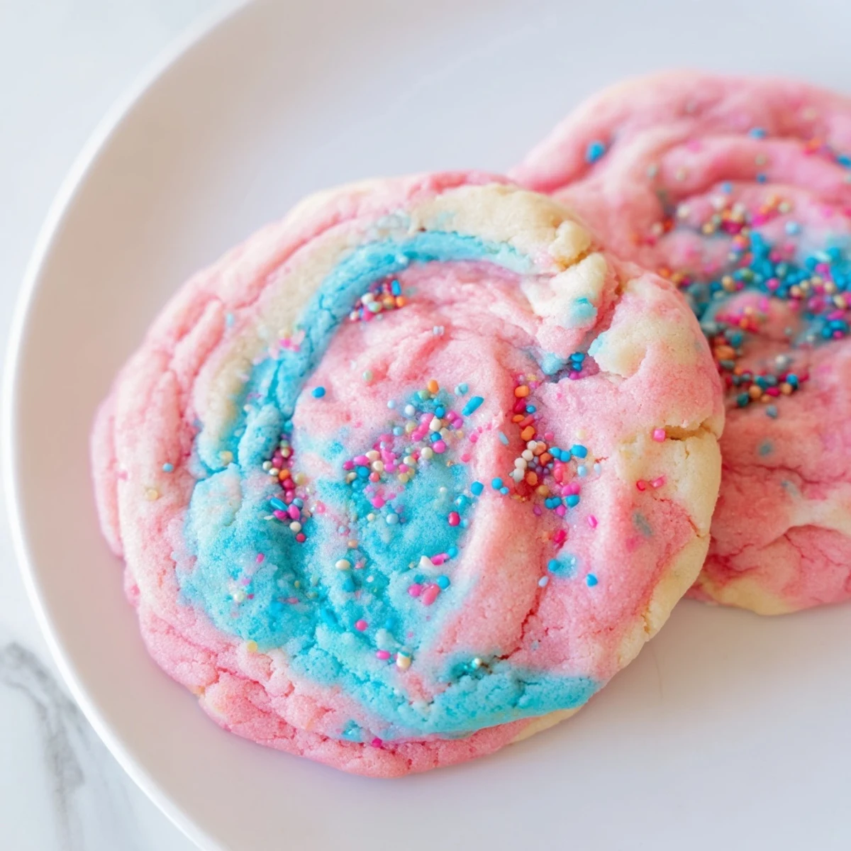 Swirled pink and blue cotton candy cookies with pastel marbled dough tops