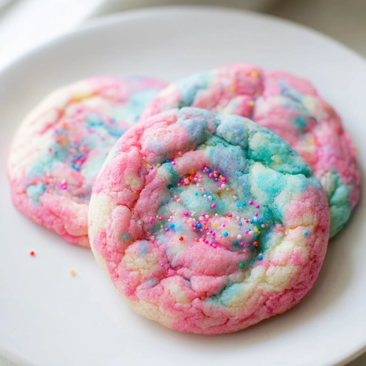 Soft cotton candy cookies dusted with sprinkles on a rustic baking sheet