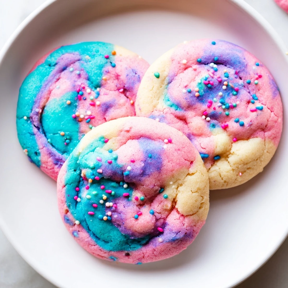 Chewy cotton candy cookies featuring vibrant pink and blue swirled cookie dough