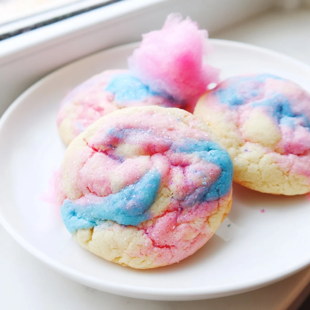 Soft cotton candy cookies with swirled pink and blue frosting on a rustic plate