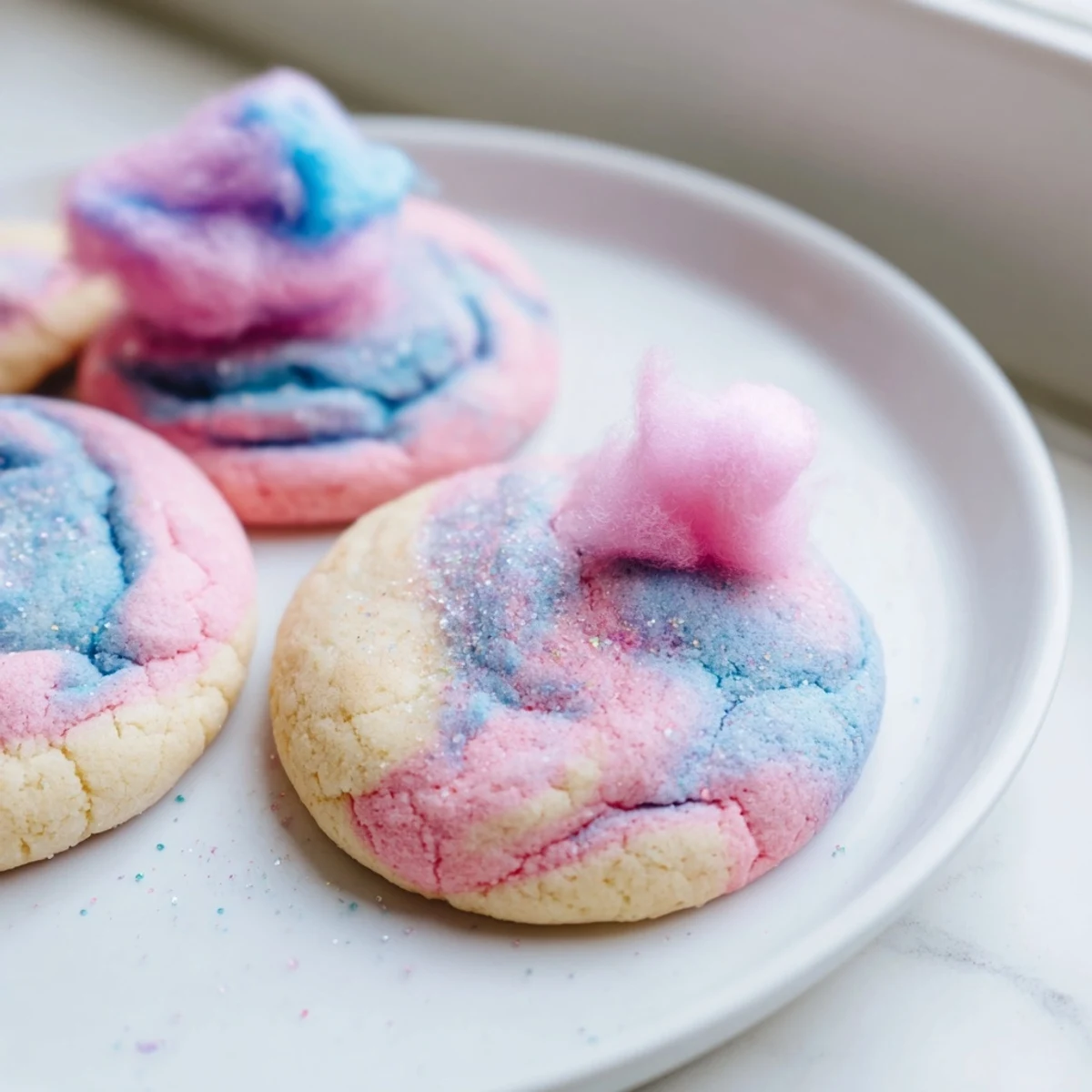 Pastel marbled cotton candy cookies arranged on parchment fresh from the oven