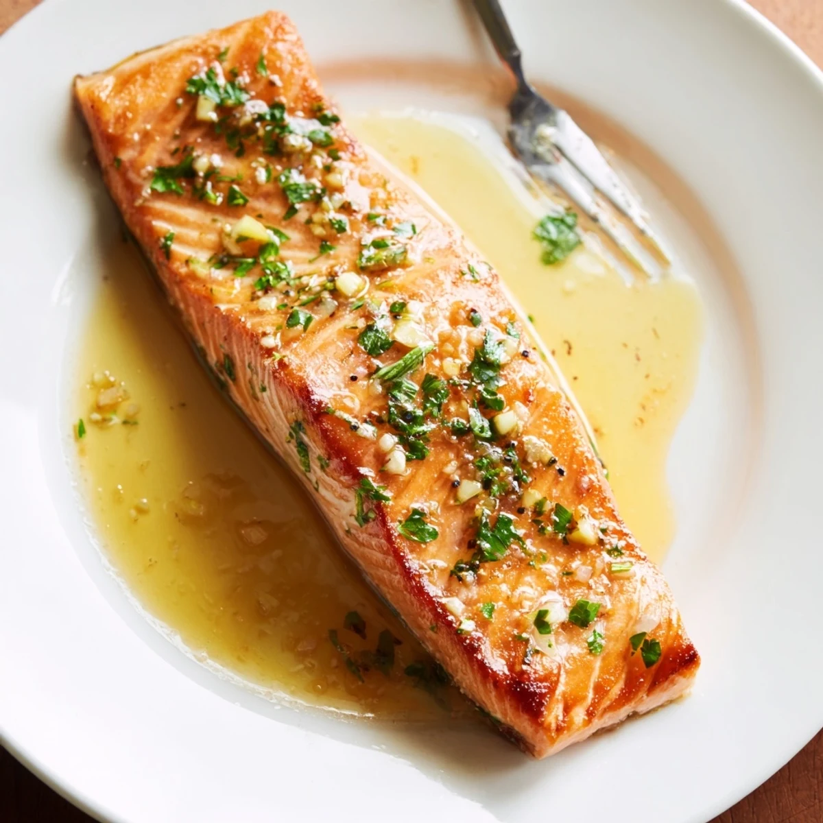 Golden garlic butter salmon fillets glistening with rich lemon herb sauce on a white plate