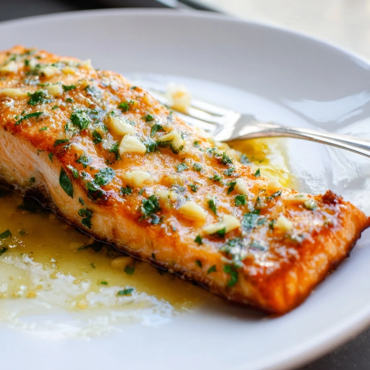 Sizzling garlic butter salmon drizzled with aromatic lemon butter sauce in a cast iron skillet